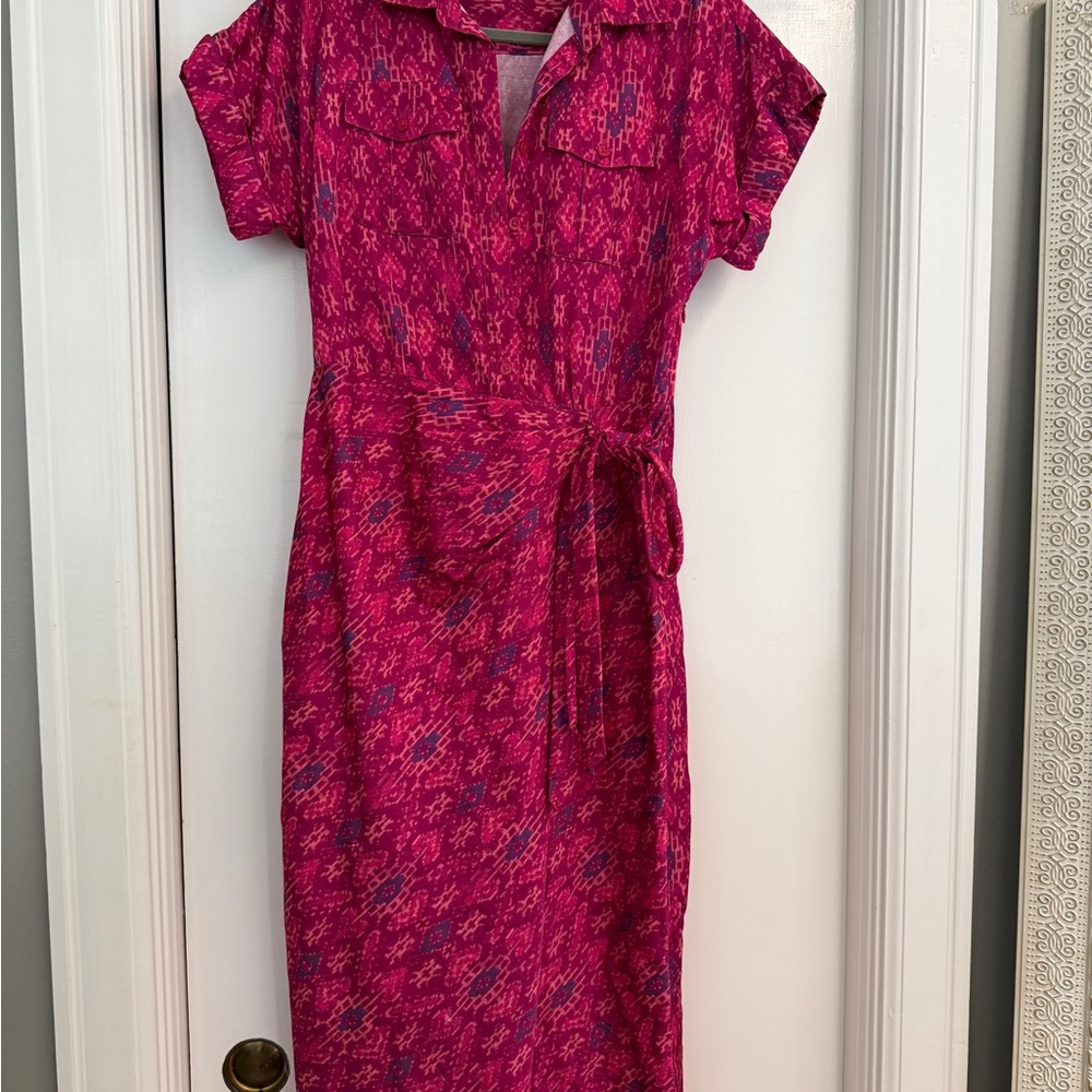 Fuchsia Print Tie-Waist Shirt Dress